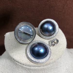 Charme Perle Mabe du Lac Shanxia, Argent 925, Perle de culture ronde noire AAA, sertie en clos, style classique, bijou unisexe - Product Image 1