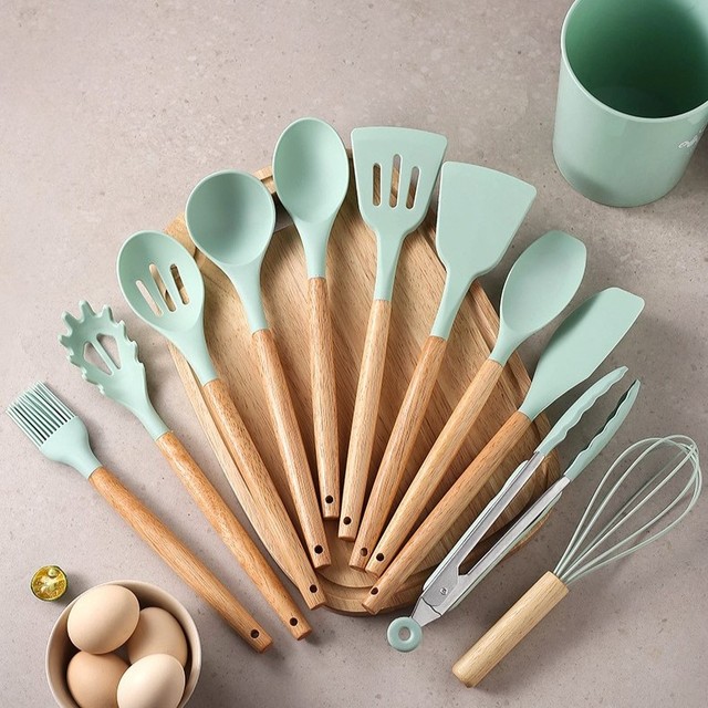 12 Pcs Silicone Kitchen Utensils Set Wooden Handle Non Stick Cooking Spatula Spoon Whisk Tongs Heat Resistant Kitchen Gadget