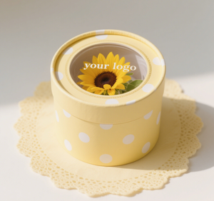 Cubo de papel redondo transparente personalizado con ventana para ramo de flores, ideal para regalo. - Product Image 1