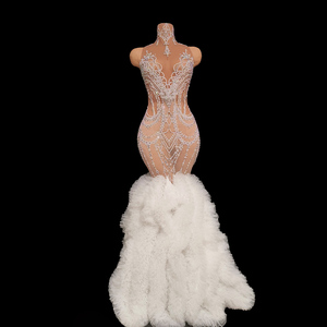 Abito da sera di lusso a sirena con strass di cristallo bianco, collo alto, in rete trasparente traspirante, lunghezza al pavimento, stampa floreale, per feste - Product Image 4
