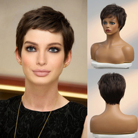 Perruque Courte Ondulée Naturelle en Gros, Haute Qualité, 30% Cheveux Humains 70% Cheveux Synthétiques Mélangés pour Femme, Tissage de Cheveux Brun Clair avec Dentelle