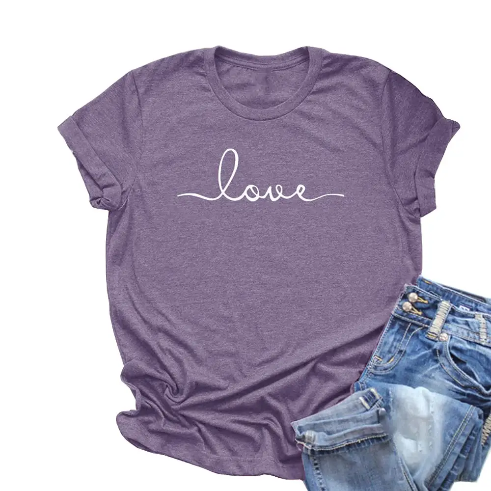 Camiseta similar al algodón de alta calidad para mujer, manga corta, logotipo personalizado, estampado holgado 3D, hombro caído, cuello redondo transpirable, amor