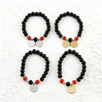 Bracelet élastique en perles d'obsidienne Ywyougang avec disque métallique vierge gravable en acier inoxydable doré, fait main, logo personnalisé, pour couple