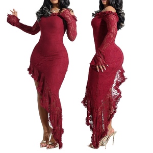 Nouvelles robes asymétriques unies à épaules tombantes et fente latérale en dentelle pour femmes – Tendance - Product Image 1