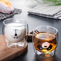 Tasses en verre à double paroi, tasse à café en verre double couche avec motif d'animal (ours, chat, chien)