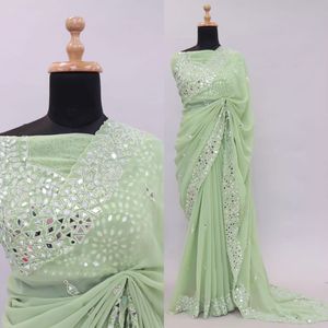 <strong>Mirror</strong> Heavy Soft Georgette <strong>Saree</strong> with <strong>Embroidery</strong> Real <strong>Mirror</strong> Work Unstitched Blouse Included