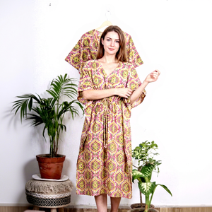 Women's Organic Cotton Digital Printed V-neck Sleeveless Floor-Length Robe Sleepwear <b>Kaftan</b> Indian Tunic Crossover Natural - Product Image 1