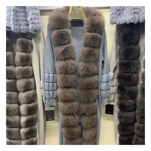 Fashionable Real Fur Trimming Coat Ladies Casual Wool Knitted Long Fox Fur Cardigan For Women