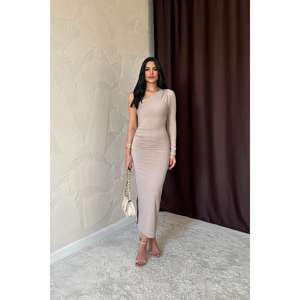 Robe de soirée beige à une épaule en gros, détail plissé, décoration à paillettes, longueur au sol pour les occasions formelles, demoiselles d'honneur - Product Image 3