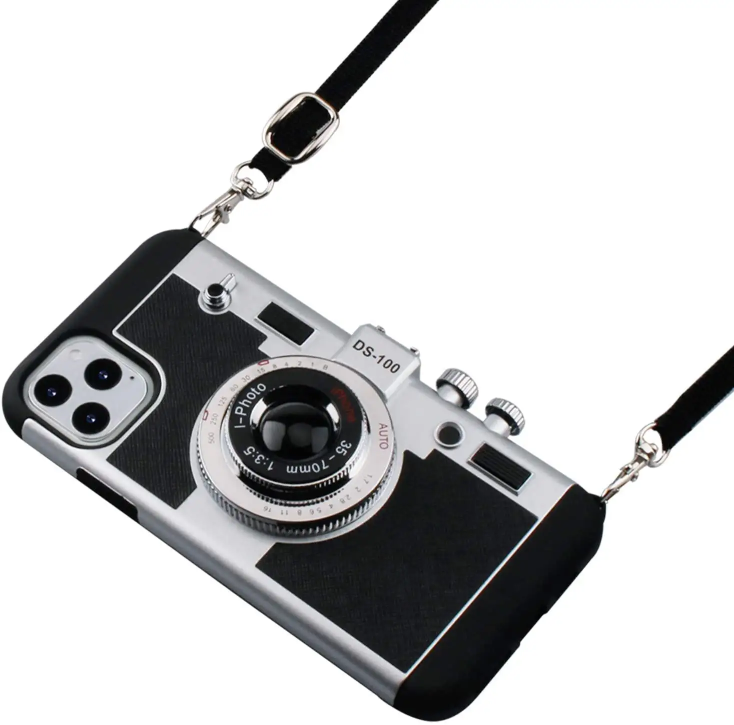 Cute 3D Unique Design Silicone Vintage Camera Phone Case With Neck Strap For IPhone 12