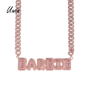 UWIN Custom Baguette Lettera Nomi 9 millimetri <span class=keywords><strong>Rosa</strong></span> Cuban Link Catena <span class=keywords><strong>Della</strong></span> Collana Delle Donne Gioielli FAI DA TE - Product Image 1