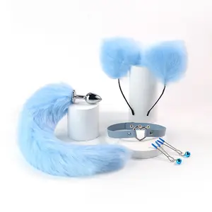 Exotic Flirt Cosplay Sex Toys Blue Fox Tail Anal Plug with Cat-Ear,Metal Expand Butt Plugs for Women Ass Massager SM Sexy Game