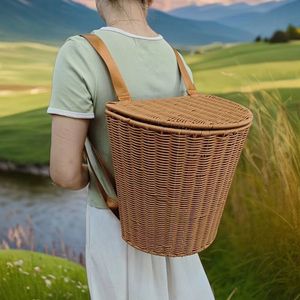 Panier en bambou tissé à la main avec couvercle, idéal pour les sorties printanières et la cueillette de champignons, adapté à un usage domestique, aux courses et aux activités de plein air. - Product Image 1