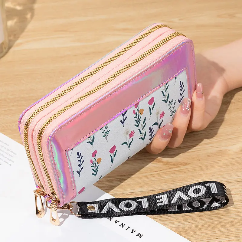 여자 긴 지갑 도매 2024 새로운 레이저 색상 꽃 인쇄 지갑 학생 휴대 전화 지갑