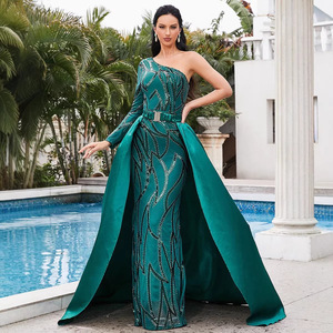 Robe de soirée asymétrique à sequins, couleur unie verte, taille mi-haute, pour banquet formel - Product Image 1