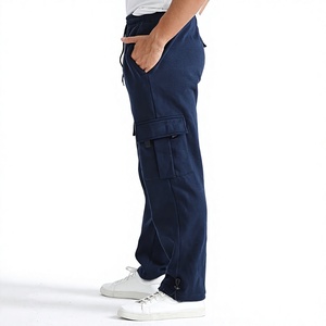 Men's Navy Blue Cargo Sweatpants <b>Elastic</b> Waist Drawstring Multiple Pockets Casual Joggers 100% Cotton Lightweight Spring - Product Image 4