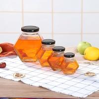Tarro de miel hexagonal de vidrio con tapa de madera y cucharón, contenedor transparente para almacenar jarabe y mermelada, 100 ml