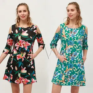 Vestido bohemio de talla grande para mujer, vestido estampado con cuello redondo y manga, hombros descubiertos, 2022