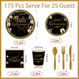 Happy Retirement Disposable Tableware Set <b>Black</b> Gold Party Supplies <b>Plates</b> Cups Napkins Cutlery Kit - Product Image 2