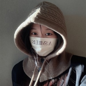 Chapeau tricoté à capuche pour femme, écharpe tout-en-un, cache-cou épaissi, bonnet d'hiver noir, vert foncé, gris, rouge, kaki - Product Image 3