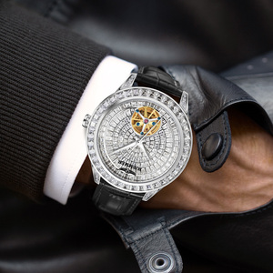 Jam tangan <span class=keywords><strong>Analog</strong></span> berlian antiair uniseks, jam tangan olahraga modis desain bercahaya tali kulit casing baja otomatis mekanis - Product Image 4