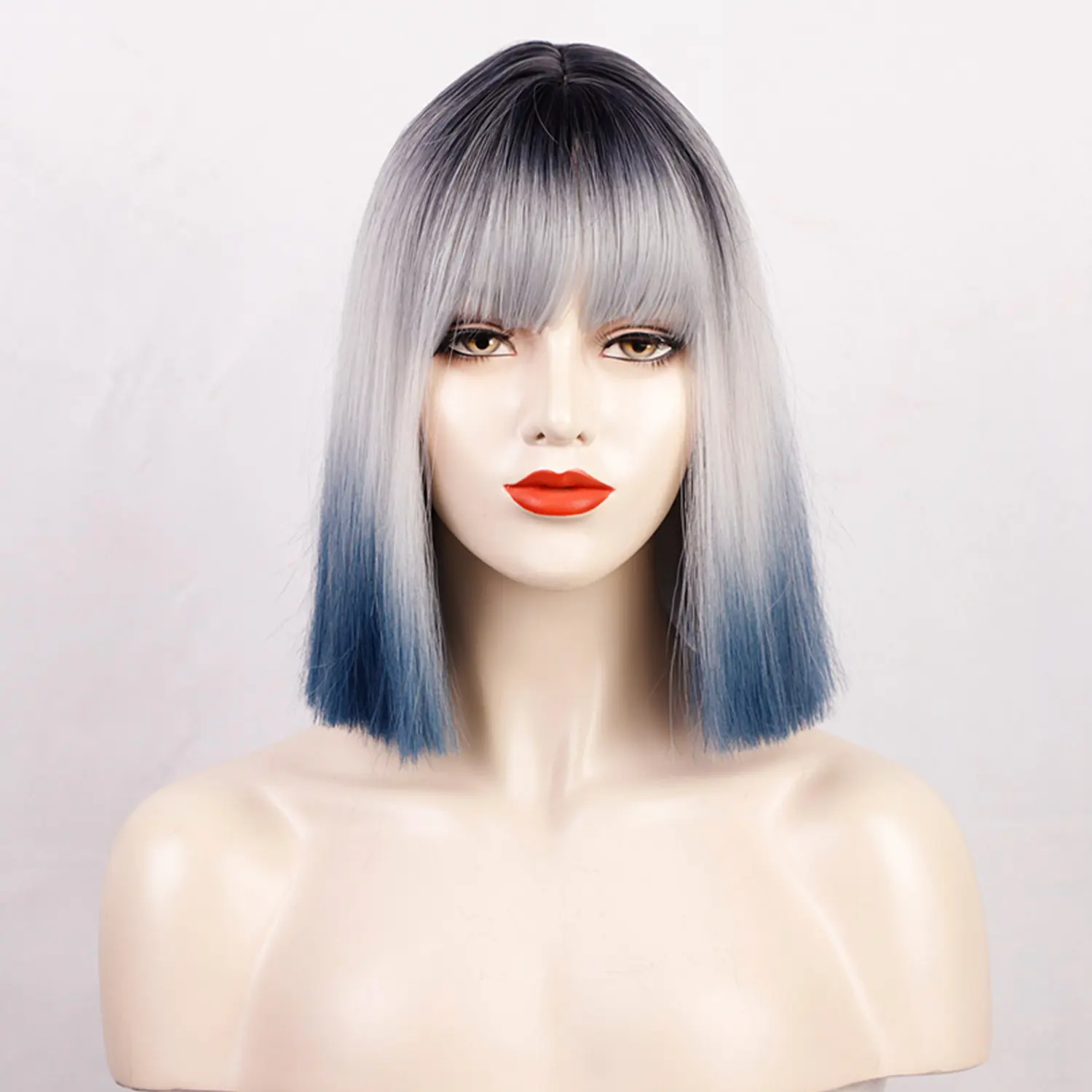 Short Root Black Ombre Silver to blue 3 Tones Bob Cut Wigs With Bangs Heat Resistant Synthetic Straight Hair Wigs for Women