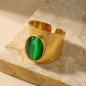 Ins Chic Vintage Statement Finger Ring Tarnish‑Resistant Stainless Steel 18K Gold Plated <b>Large</b> Oval Green Cat‑Eye <b>Stone</b> Wide - Product Image 2