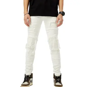 High Quality manufacturers OEM&ODM white Elastic Streetwear ripped Unisex Trousers slim denim pants Custom stretch skinny jeans