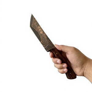 Couteau à lame fixe en acier Damas cuivré, manche en bois, personnalisable, pour la chasse, le camping et la survie, pointe tombante, dureté 58-60, garantie 3 ans - Product Image 1