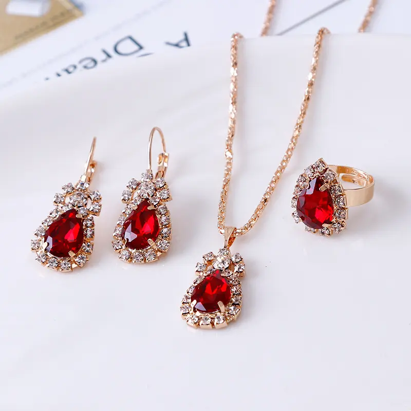 Three piece water drop diamond necklace earring ring set 3-piece bride jewelry set wholesale