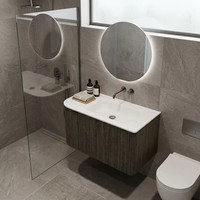 Meuble-lavabo mural flottant en noyer foncé rainuré, design incurvé vertical, avec vasque intégrée, pour salle de bain moderne