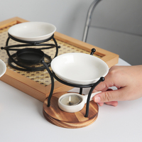 Brûleur d'huile aromatique en fer et bois, diffuseur de cire, chauffe-cire romantique en métal de style européen, support de bougie chauffe-plat en céramique