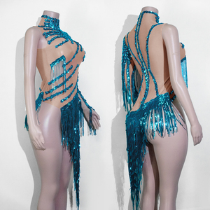 Justaucorps sirène <span class=keywords><strong>Aqua</strong></span> Glamour turquoise à sequins et franges découpées pour la danse de salon, la danse latine, la samba, les spectacles sur scène et les divas - Product Image 3
