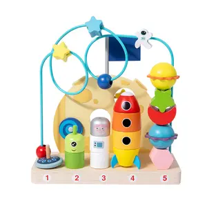 New Arrive Planet Orbiting Beads Maze Game Multi-Function Preschool Educational Wooden Stacking Block Toy For Kids Gift