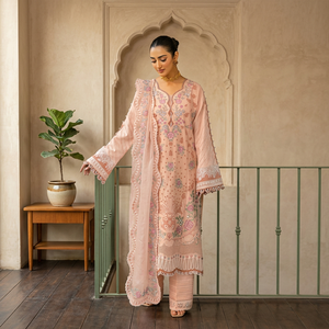 Ensemble 3 pièces MAHNUR en mousseline de soie, chemise respirante brodée à col en V et manches longues, dupatta en filet Khaadi et pantalon pour printemps/été - BIC-4668 - Product Image 3