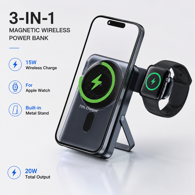 3-in-1 Magnetic Watch Wireless Charging 15W 10000 Mah for Apple Watch iPhone 12/13/14/15/16/17 Built-in Metal Bracket 20 Watts