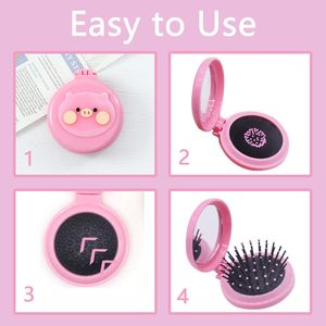 Wholesale Multicolor Mini Folding Travel Pop-up Airbag Hair <b>Brush</b> Cartoon Cute <b>Round</b> Pocket Comb with Mirror - Product Image 4