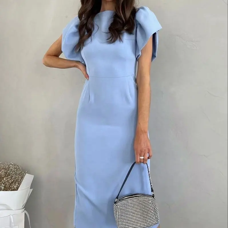 2024 Elegant Fashion Blue Office Casual Dress Robes Puff Short Sleeve O Neck Career Bodycon Dresses For Women