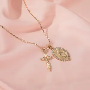 Classic Gold-plated With Glass Diamonds Double Pendant Virgin Mary Cross Necklace for Women Girls