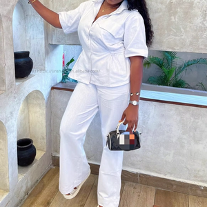 Women's Solid-Color Collared Short-Sleeve Cardigan Shirt & Casual <b>Pants</b> African 2-Piece Set Fashion - Product Image 1