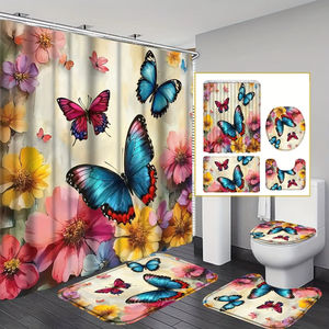 Set da Bagno 4 Pezzi con <span class=keywords><strong>Tenda</strong></span> Doccia Floreale Vivace, <span class=keywords><strong>Farfalle</strong></span> Colorate e Fiori in Fiore, Tappetino da Bagno Incluso - Product Image 1