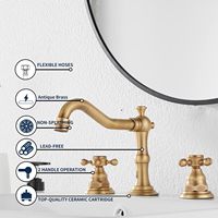 Robinet de lavabo de salle de bain 8 pouces à 2 poignées et 3 trous, montage sur plan, finition laiton antique, avec ensemble de douche en céramique, siphon et trop-plein