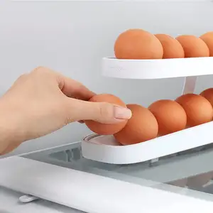 Dispenser 2 tingkat wadah penyimpanan telur, Dispenser telur kulkas gulung otomatis untuk dapur
