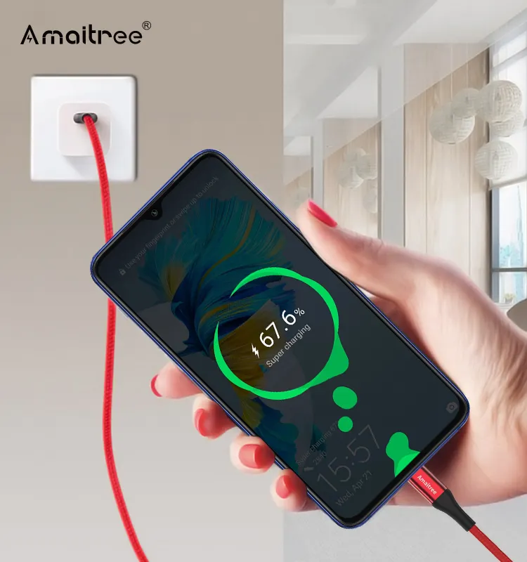 Amaitree kabel data USB C 60W, kabel pengisian daya Cepat USB C untuk Android