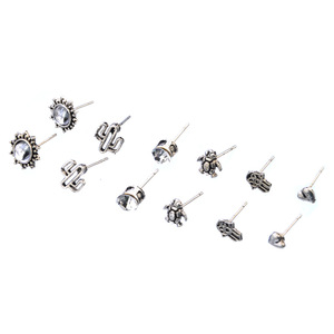 Juego de 6 Pares de Aretes de Moda con Forma de Tortuga, Corazón, Cactus, Hamsa, Zirconia y Plata, Unisex, para Regalo - Product Image 5