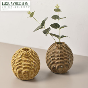 Vase à fleurs tissé à la main, vase circulaire en rotin, décoration artisanale pour la maison - Product Image 1