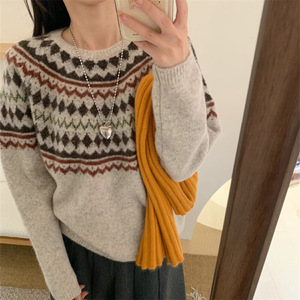 เสื้อไหมพรมลาย Fair Isle สำหรับผู้หญิง ฤดูใบไม้ร่วง-ฤดูหนาว ปี 2025 สไตล์วินเทจ ลายเรขาคณิต ทรงคอหลวม สไตล์เกาหลี ชุดฤดูหนาว - Product Image 1