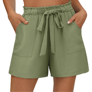 กางเกงขาสั้นทรงกระโปรงเอวสูงสำหรับผู้หญิง สไตล์ลำลอง มีระบายที่เอว เหมาะสำหรับฤดูร้อน มีกระเป๋าและเข็มขัด ผ้าทอเนื้อเบา - Product Image 1