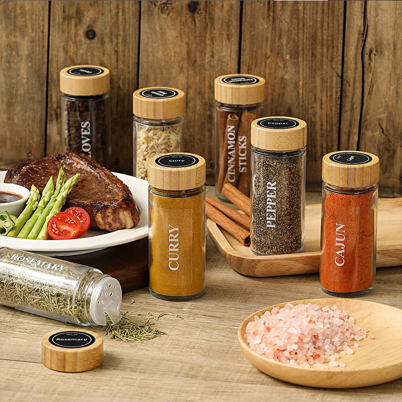 Canister Wood Lid Spice Jars Herb and Spice Containers Seasoning Bottles 4 oz square Glass Spice Jars