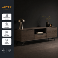 Konsol TV Midnight Nordic Veneer Kayu Oak Asap Kaki Miring Hitam Matte Pegangan Samping Tersembunyi OEM Grosir